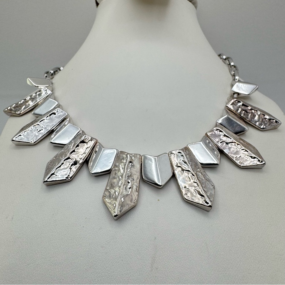Silver Tone Geometric Statement Necklace Hammered Finished Bib Modern